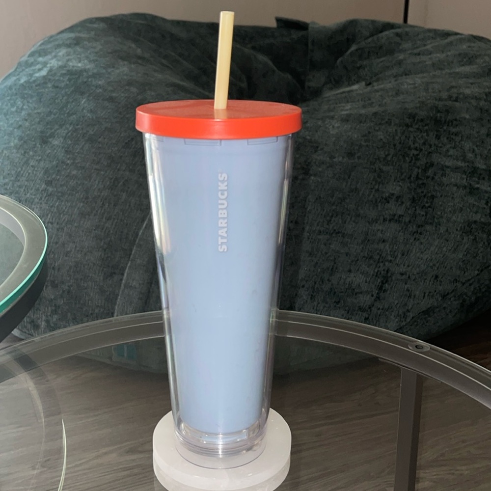 24oz Plastic Starbucks Tumbler - Blue with Orange Lid